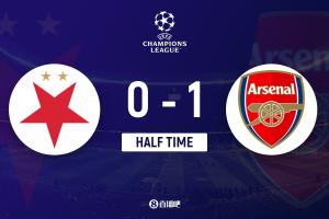 半场-阿森纳暂1-0布拉格斯拉维亚 普罗沃德手球送点萨卡点射破门